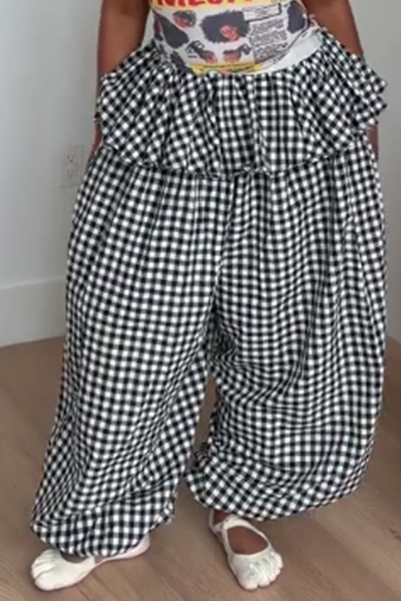 Women's Casual Printed Wide Leg Trousers With Ruffles