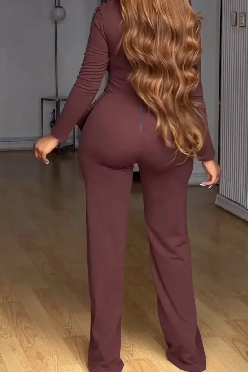 Women's Round Neck Solid Color Patchwork Elegant Temperament Jumpsuit