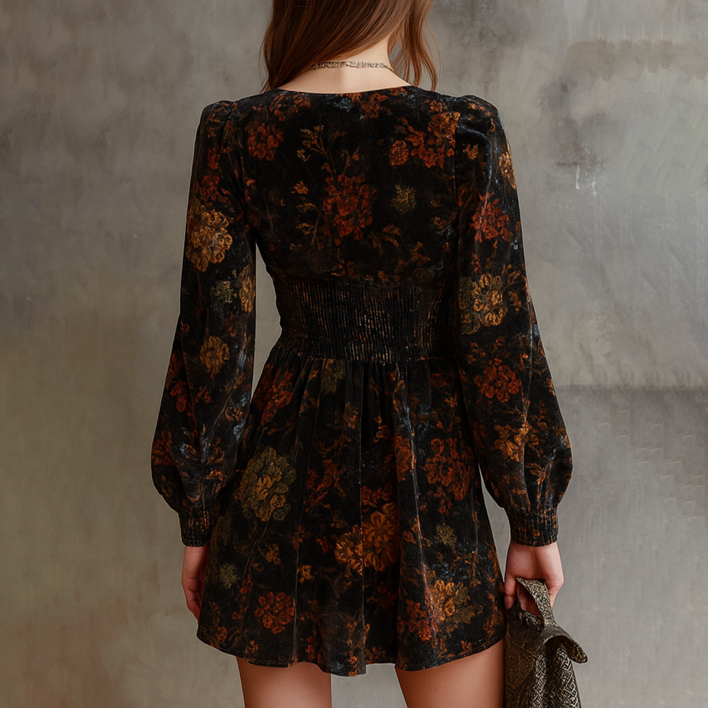 Retro Floral Print Pleated Waist Velvet Mini Dress