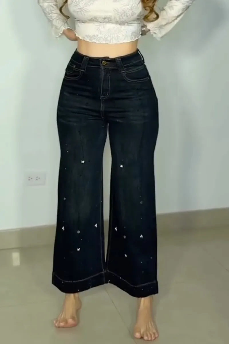 Women's Rhinestone Casual Wide Leg Jeans
