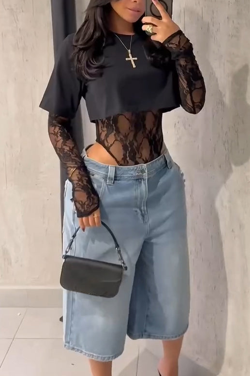 Women's Elegant Two-Piece Lace Mesh Bodysuit