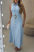 Women's Casual Button Sleeveless Midi Dress with Belt