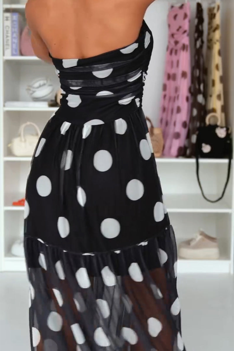 Women's Casual Polka Dot Mesh Strapless Dress