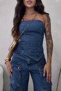 Women's Strapless Patchwork Irregular Denim Top + Patchwork Multi Pocket Jeans