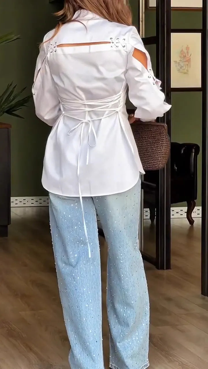 Women Collar Back Hollow Strap Design Shirt + Rhinestone Washed Denim Jeans