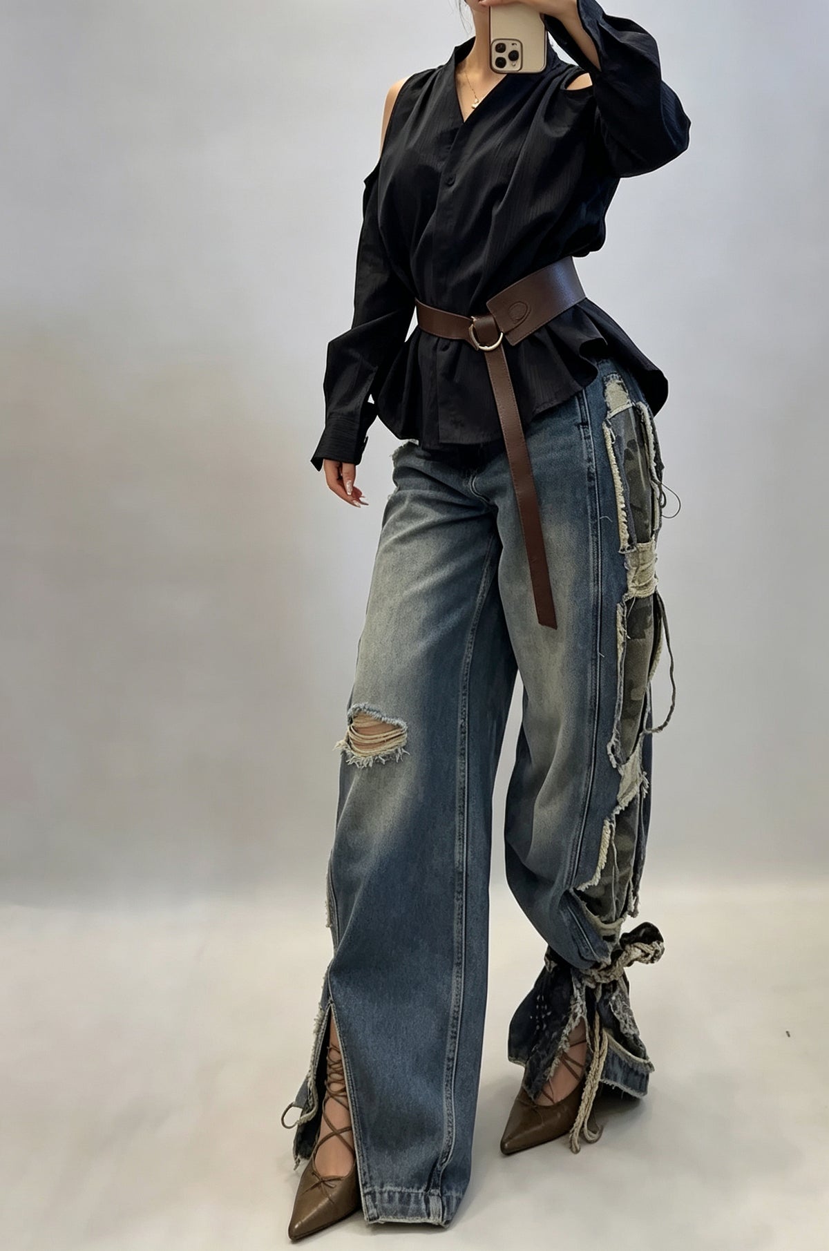 Women's Street Style Side Camo Patchwork Wide Leg Jeans