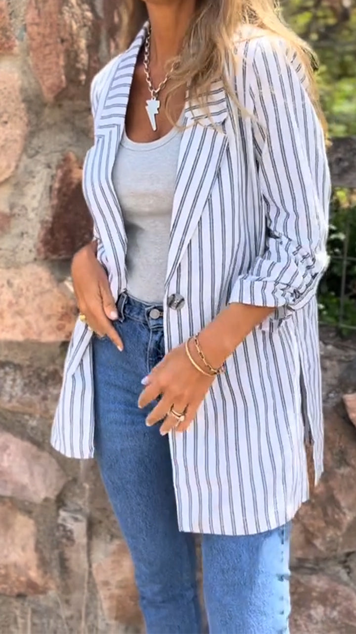 Women Lapel Vertical Pattern Casual Shirt
