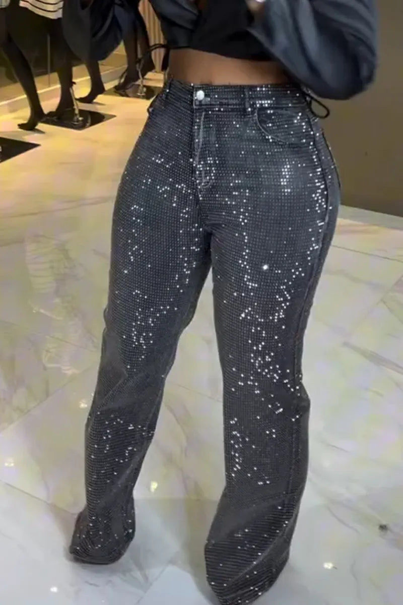 Women's Fashion Shiny Rhinestone Wide Leg Jeans