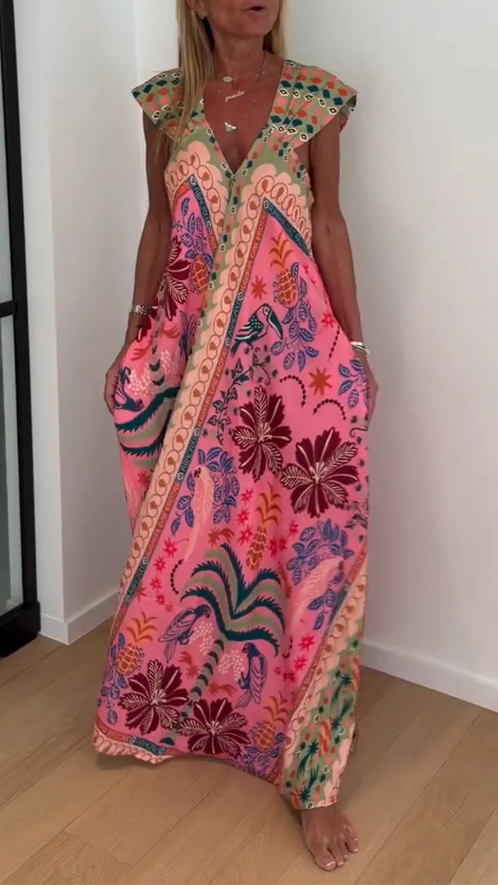 Womens V-neck Printed Loose Casual Dress