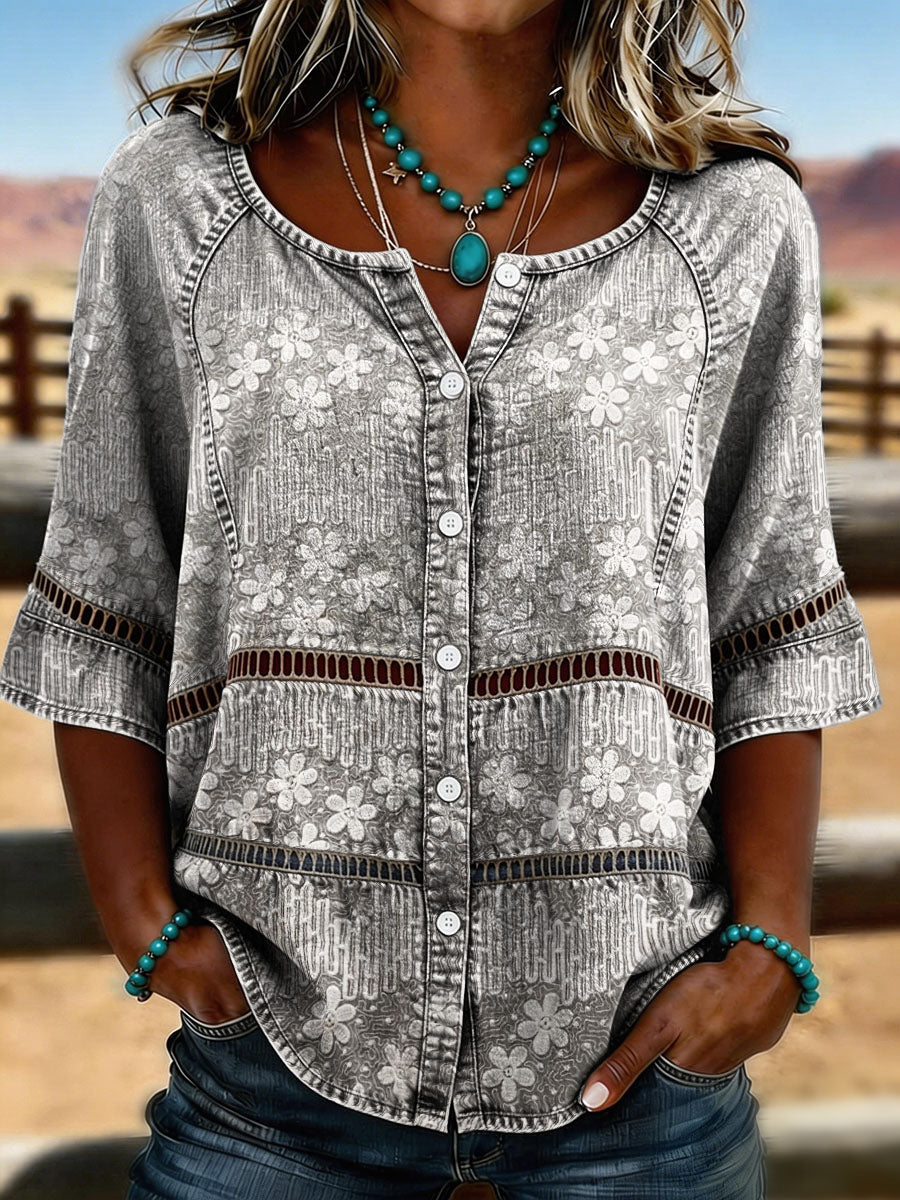 Women's Vintage Floral Print Casual Hollow Denim Shirt