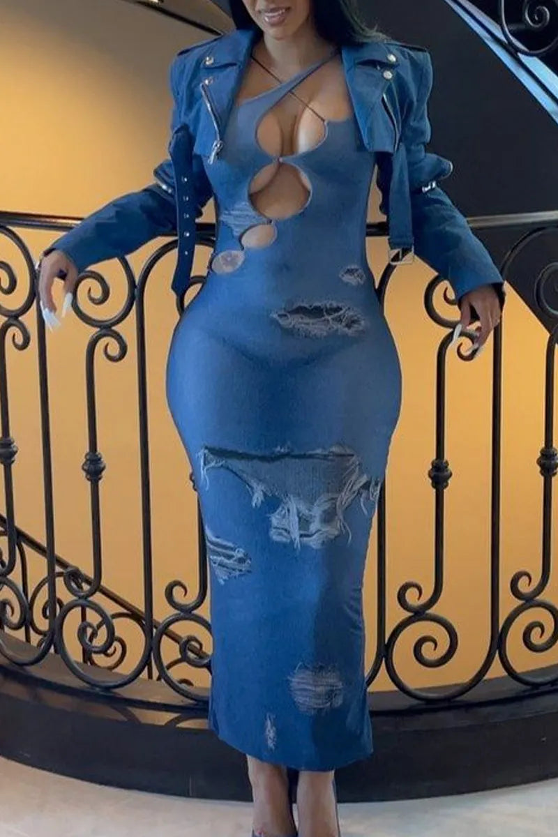 Women's Summer Casual Crisscross Thin Strap Cutout Distressed Print Denim Bodycon Midi Dress