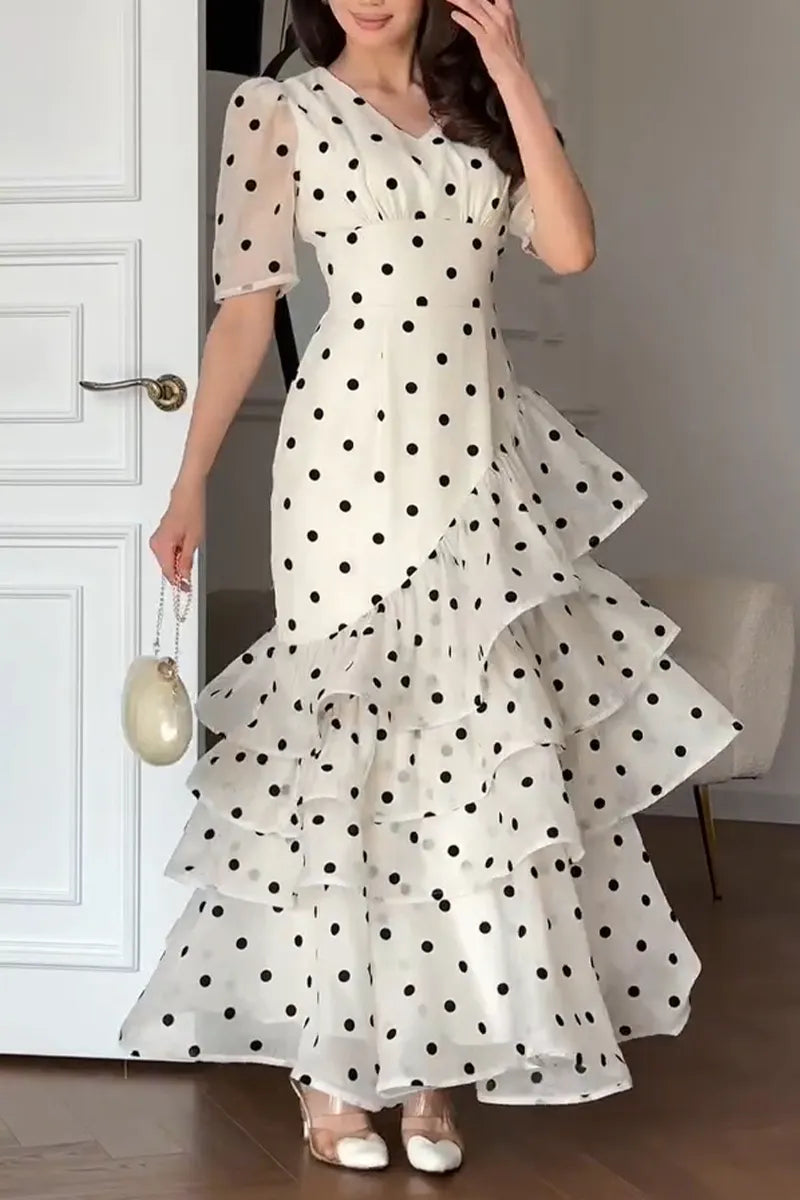 Women's Elegant Tiered Flounce Hem Polka Dot Dress