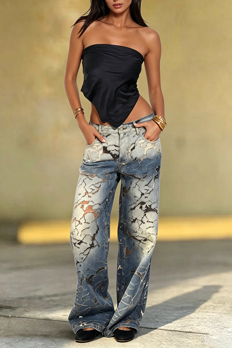 Women's Fashion Textured Wash Design Wide Leg Jeans