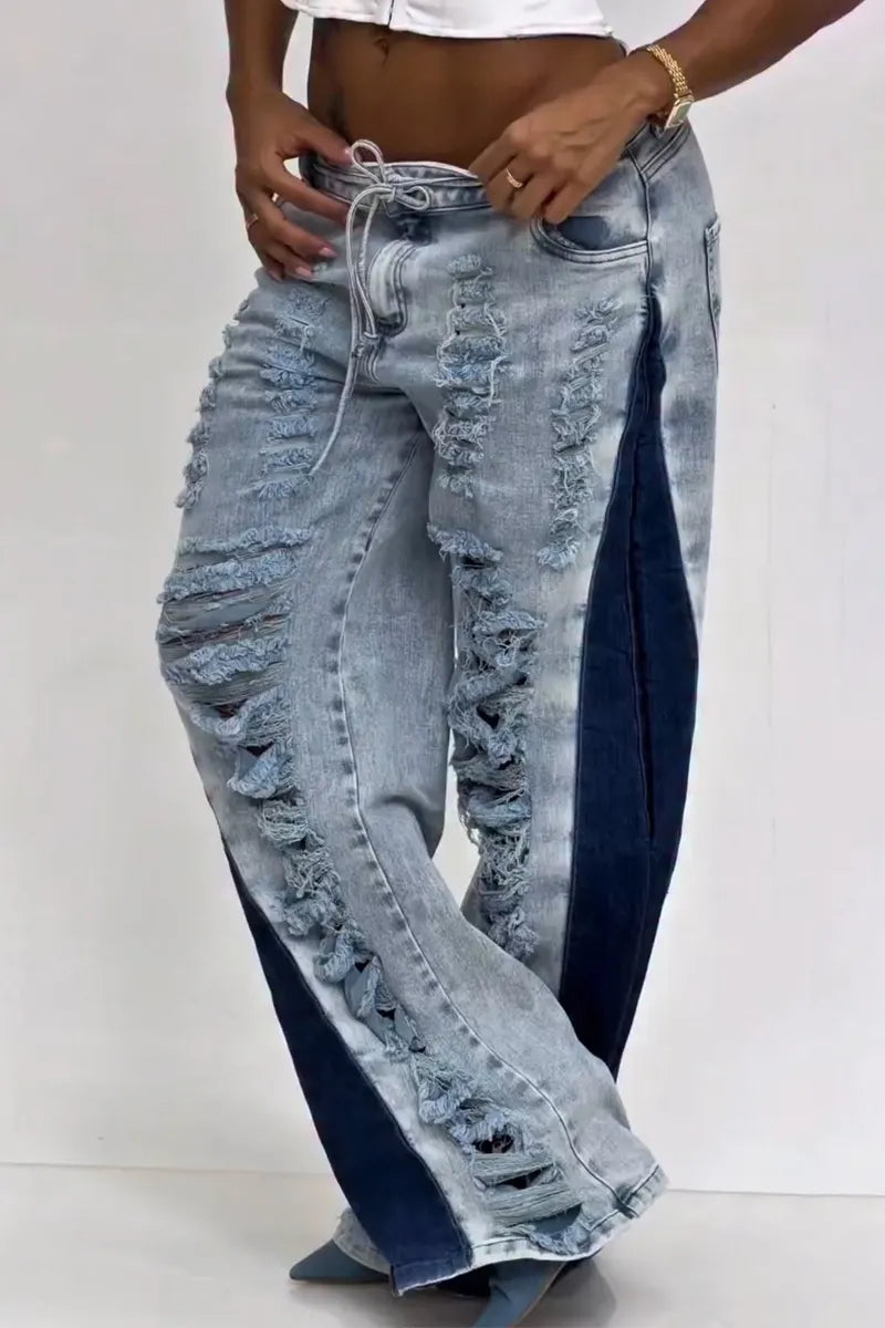 Women's Casual Ripped Washed Side Color Block Jeans
