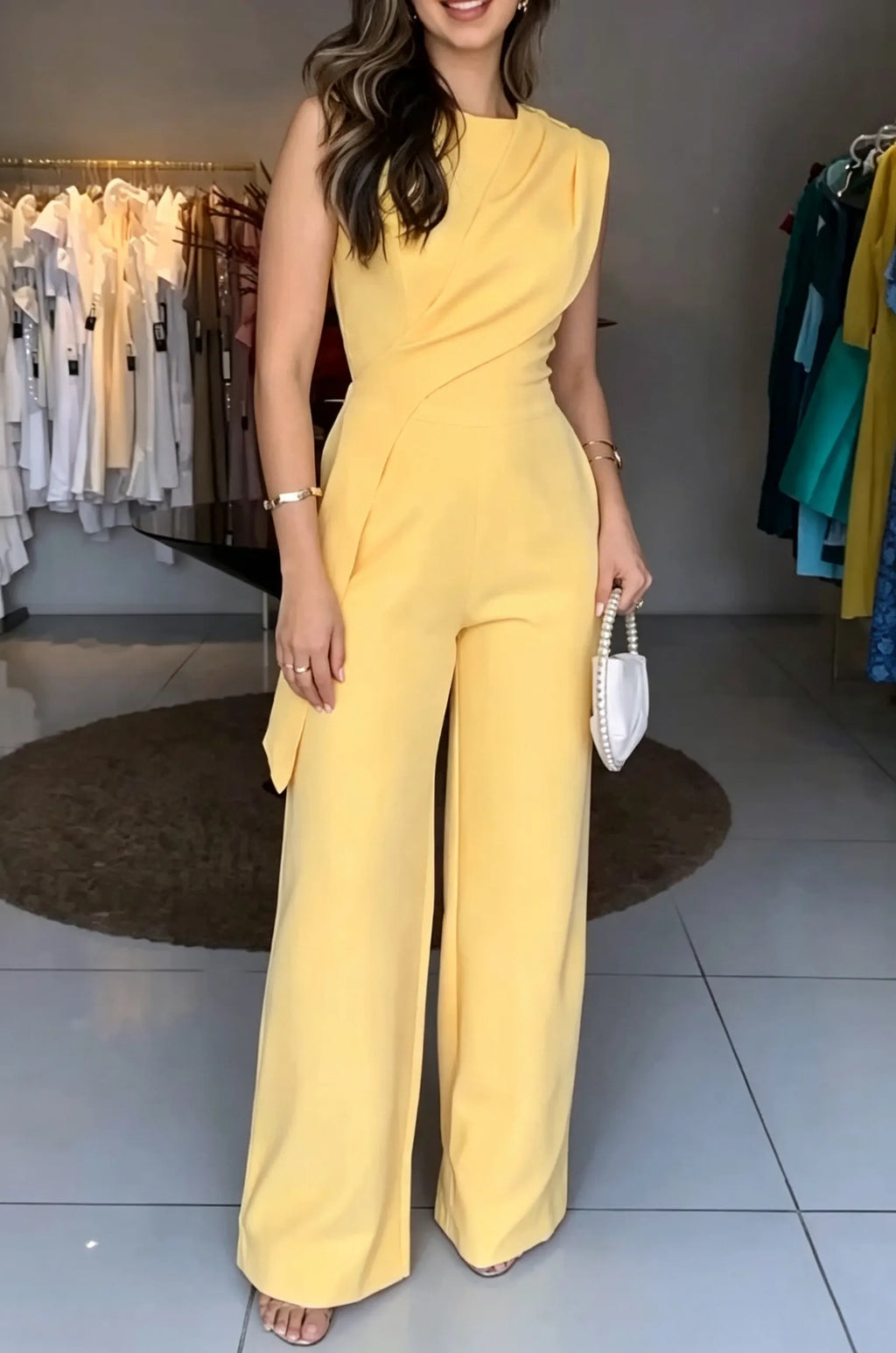 Women's Elegant Asymmetric Pleated Wide Leg Jumpsuit