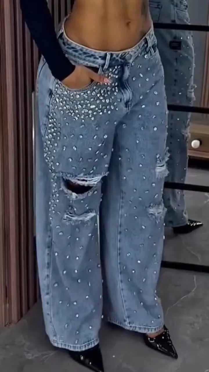 Ladies Hot Stamping Hole Perforated Casual Jeans