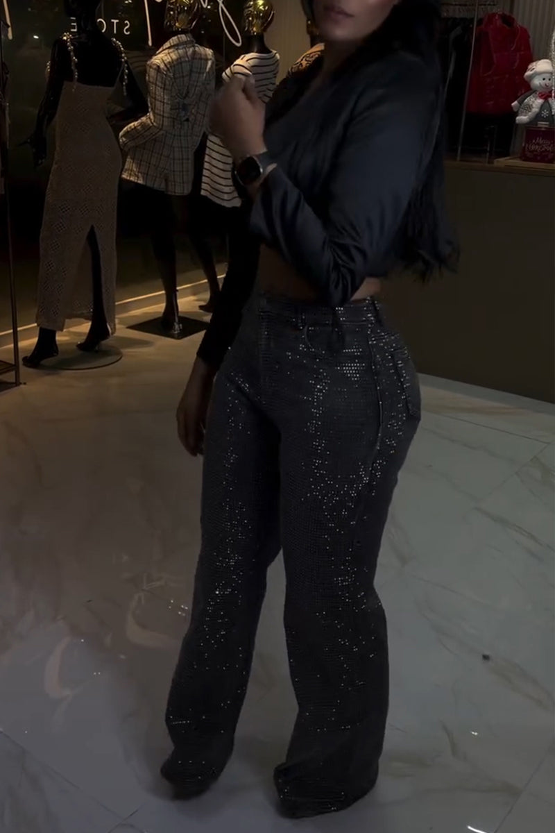 Women's Fashion Shiny Rhinestone Wide Leg Jeans