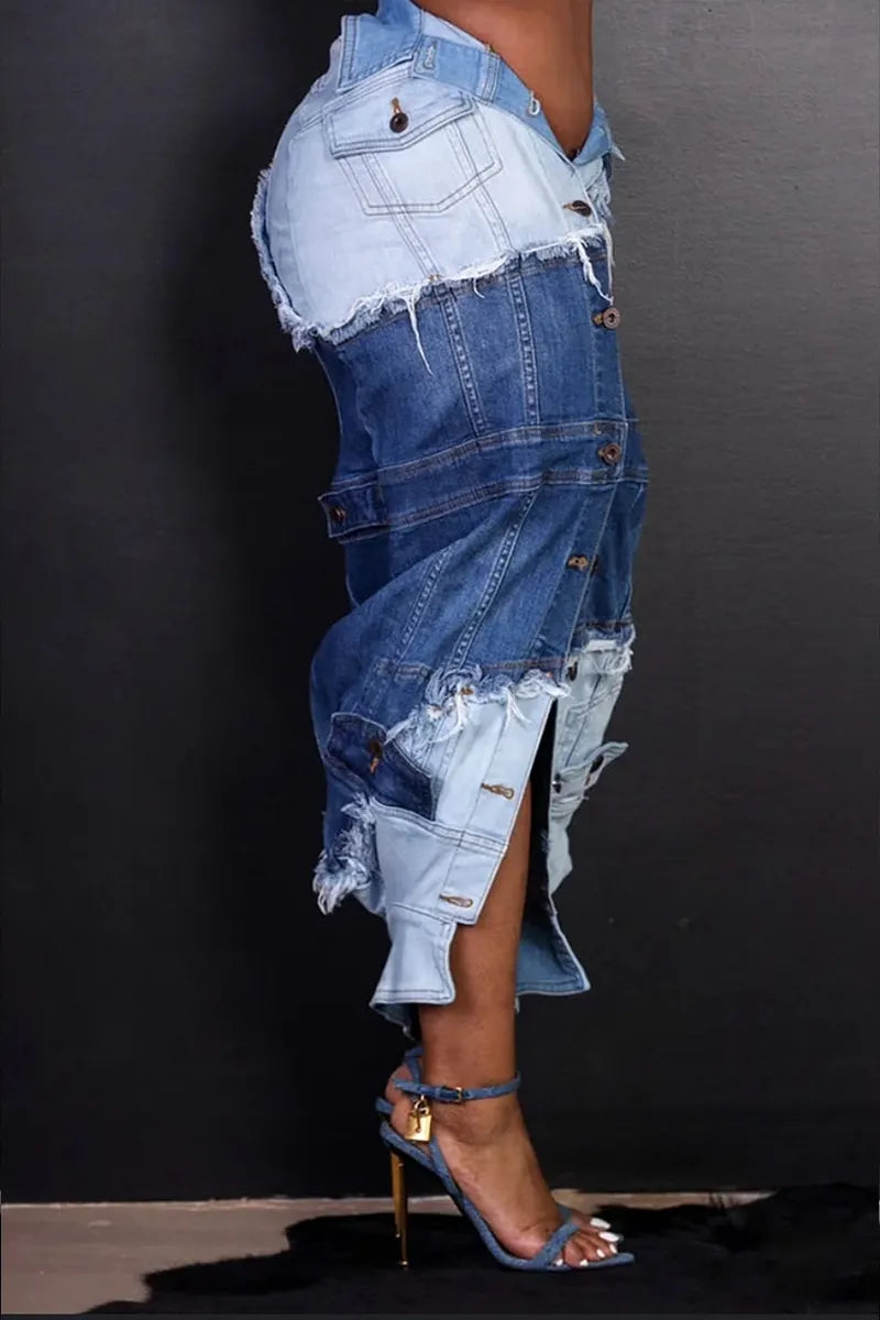 Women's Fashion Irregular Arrangement Button Denim Jacket Skirt