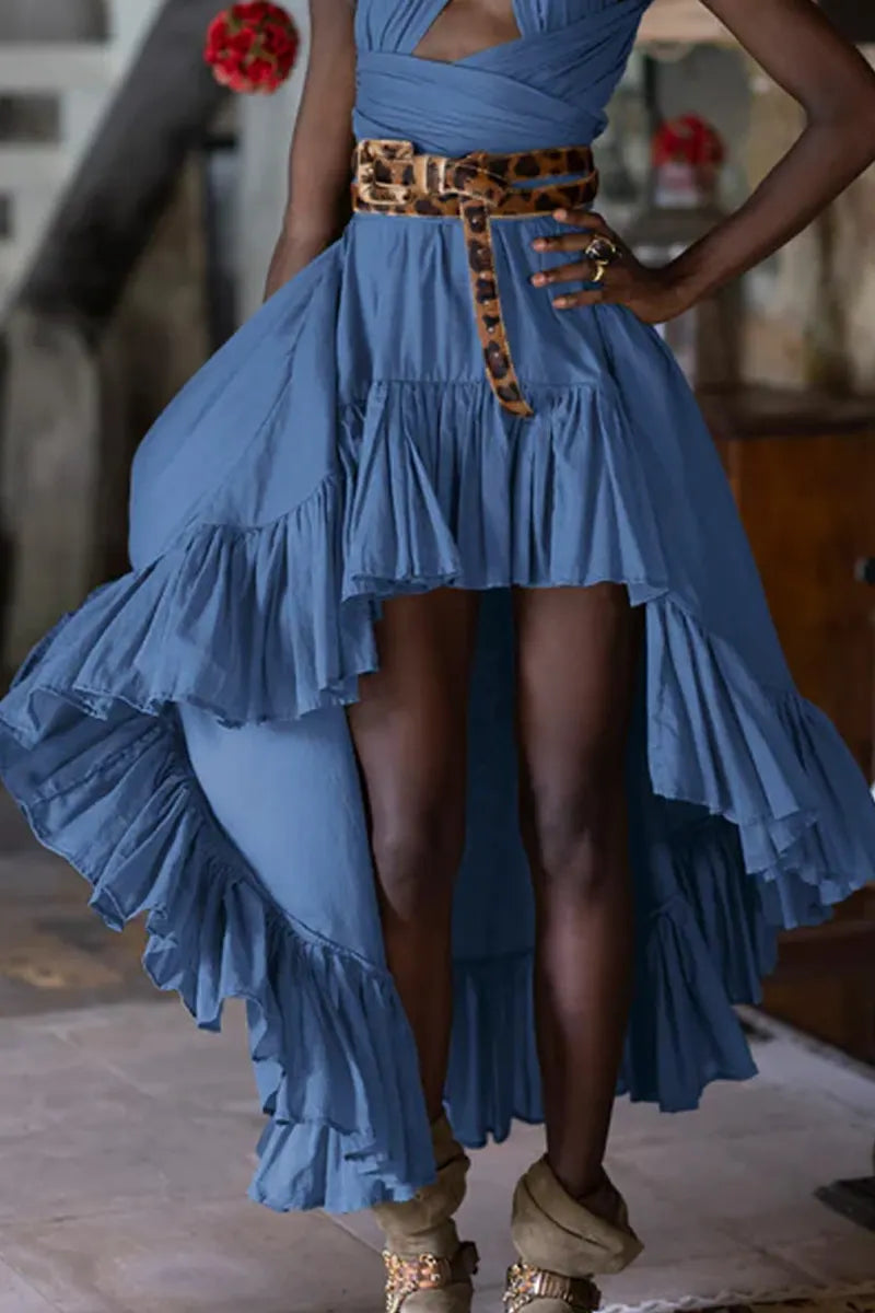 Ladies' Sleeveless Pleated Waist Double Layered Contrasting Chiffon Asymmetrical High-Low Slit Long Skirt, (Belt Not Matching Sold Together)