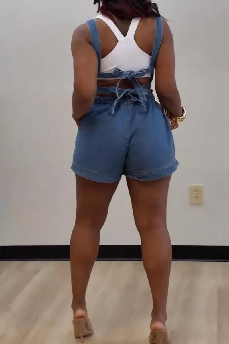 Women's Casual Open Back Waist Drawstring Denim Overalls