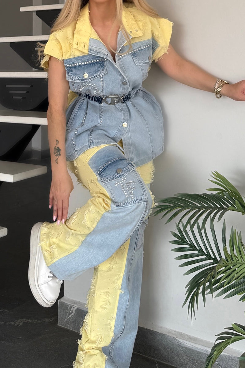 Ladies' Denim Casual Plain Color Front Knot Round Neck Top And Ripped Straight Leg Jeans