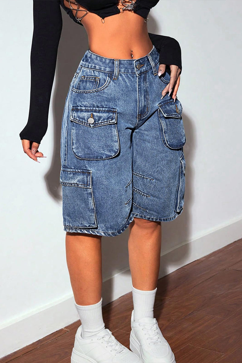Fashion Multi Pocket Straight Leg Cropped Jeans