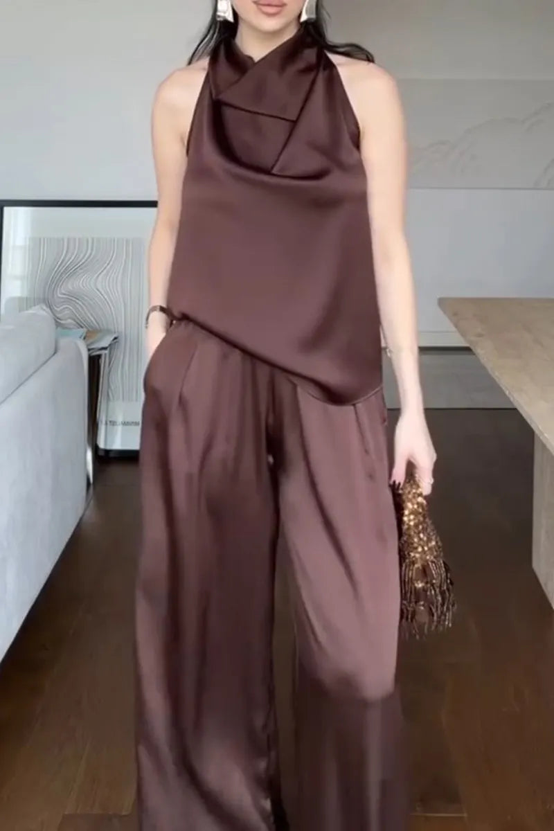 Women's Elegant Drape Satin Vest Pants Two-Piece Set