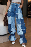 Women's Vintage High Waist Patchwork Frayed Wide Leg Blue Jeans