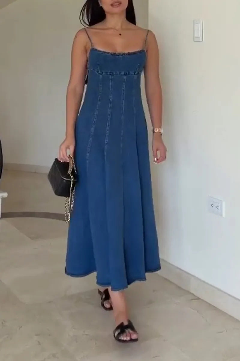 Women's Suspender Patchwork Solid Color Casual Denim Dress