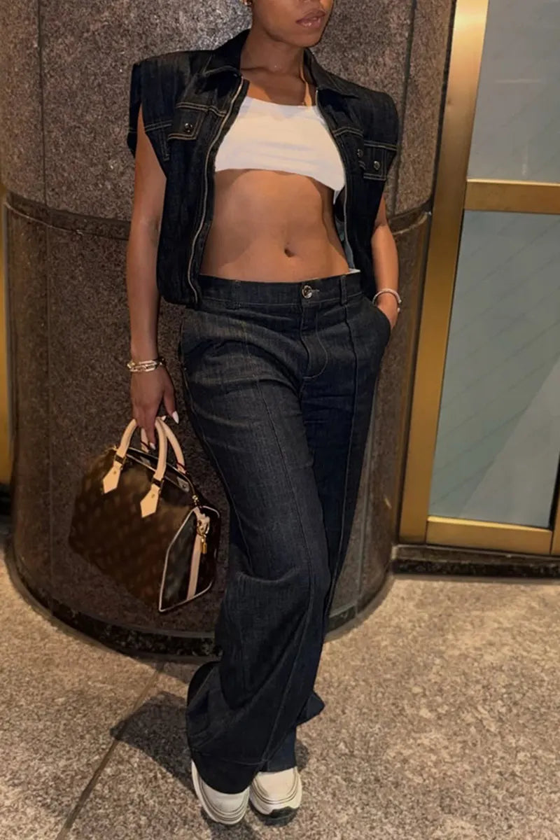 Women's Casual Versatile Wide-Shoulder Denim Vest or Jeans