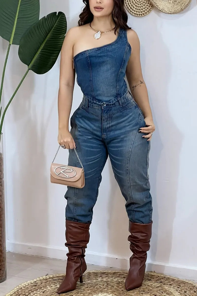 Women's Denim One-Shoulder Corset Top & High-Waisted Pants