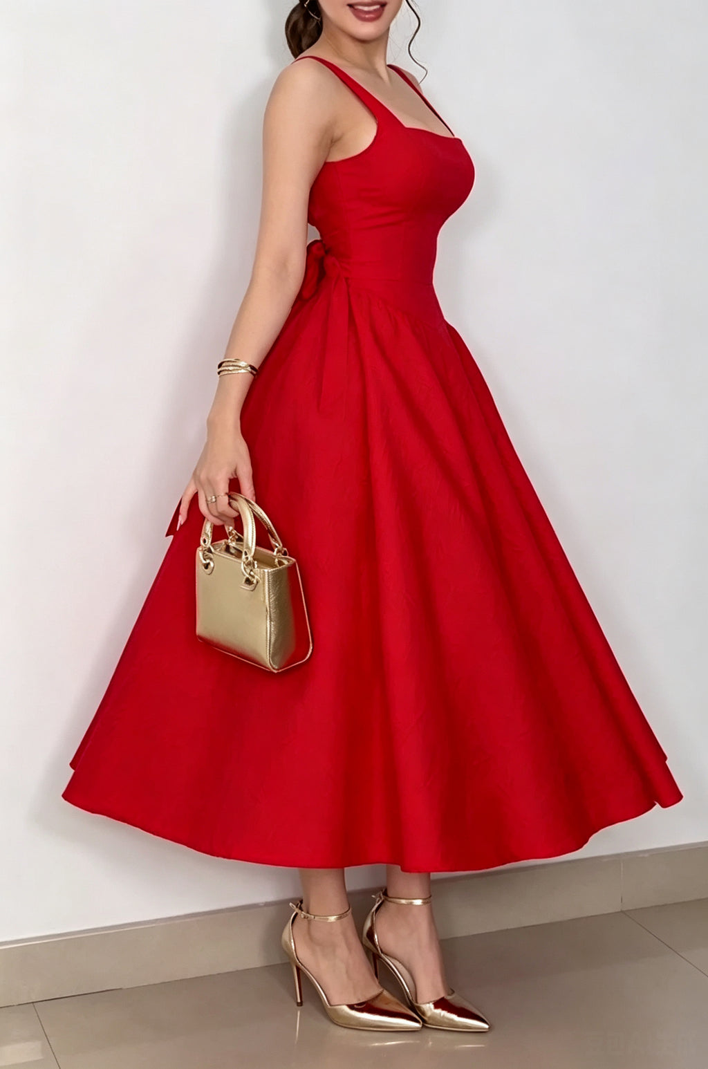 Women's Elegant Bow Lace-Up A-Line Midi Dress