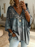Women's Casual Washed Cotton Denim Shirt With Artistic Print Featuring A Gradient Retro Ethnic Pattern