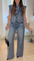 Women's Sleeveless Collared Denim Top + Rhinestone-studded Jeans