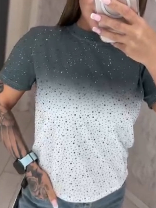 Women Round Neck Rhinestone Gradient Casual Top