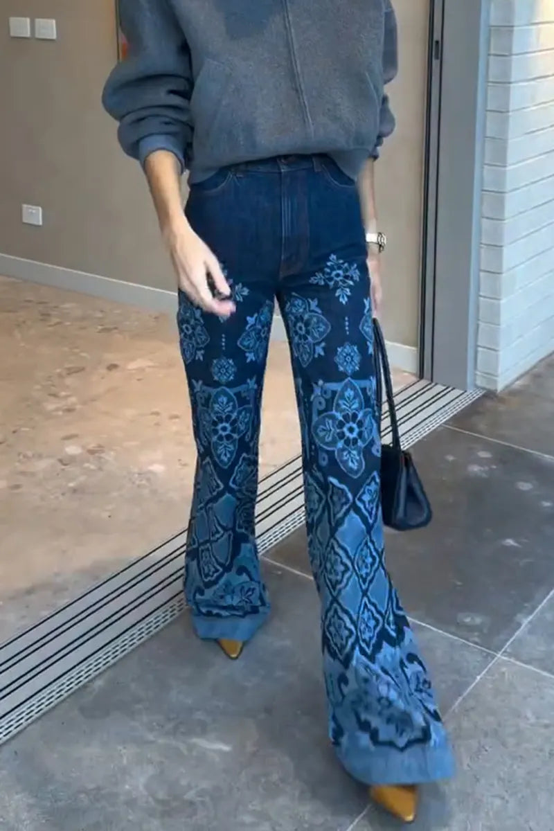 Women's Casual Versatile Wide Leg Pattern Print Jeans