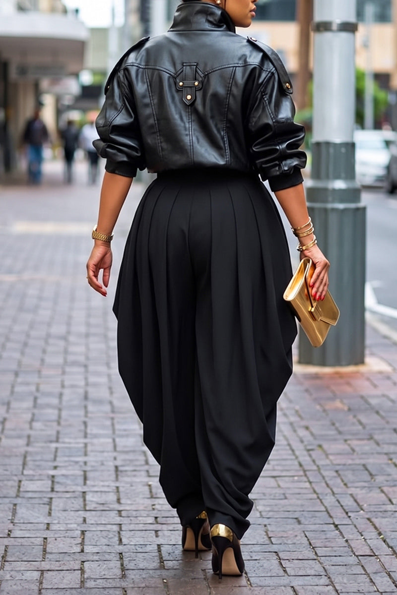 Women's Street Fashion Short Leather Jacket or Pleated Curved Pants