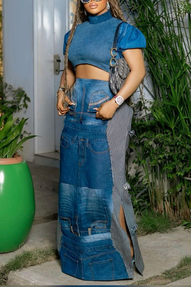 Women's Street Fashion Denim Top & Panel Skirt