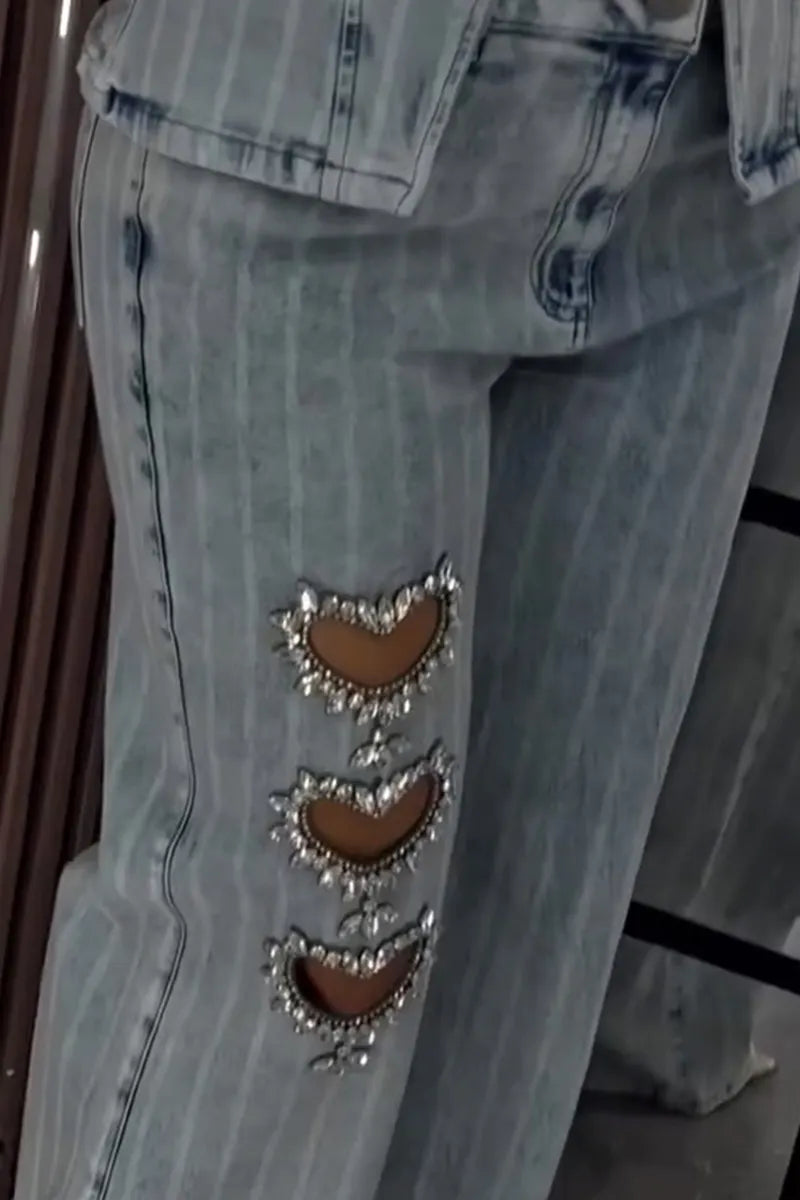 Women's Heart Rhinestone Vintage Washed Stripe Vest + Jeans