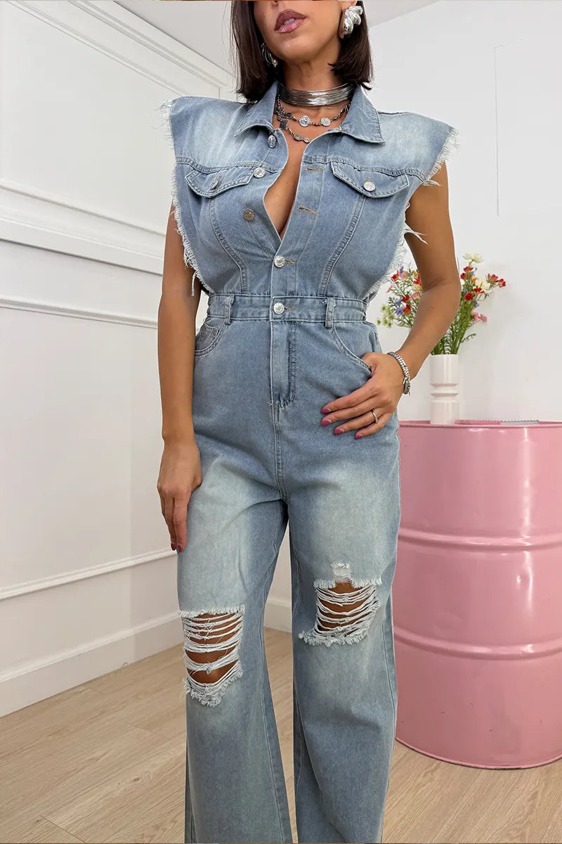 Women's Button-Front Denim Jumpsuit with Frayed Cap Sleeves & Belted Waist
