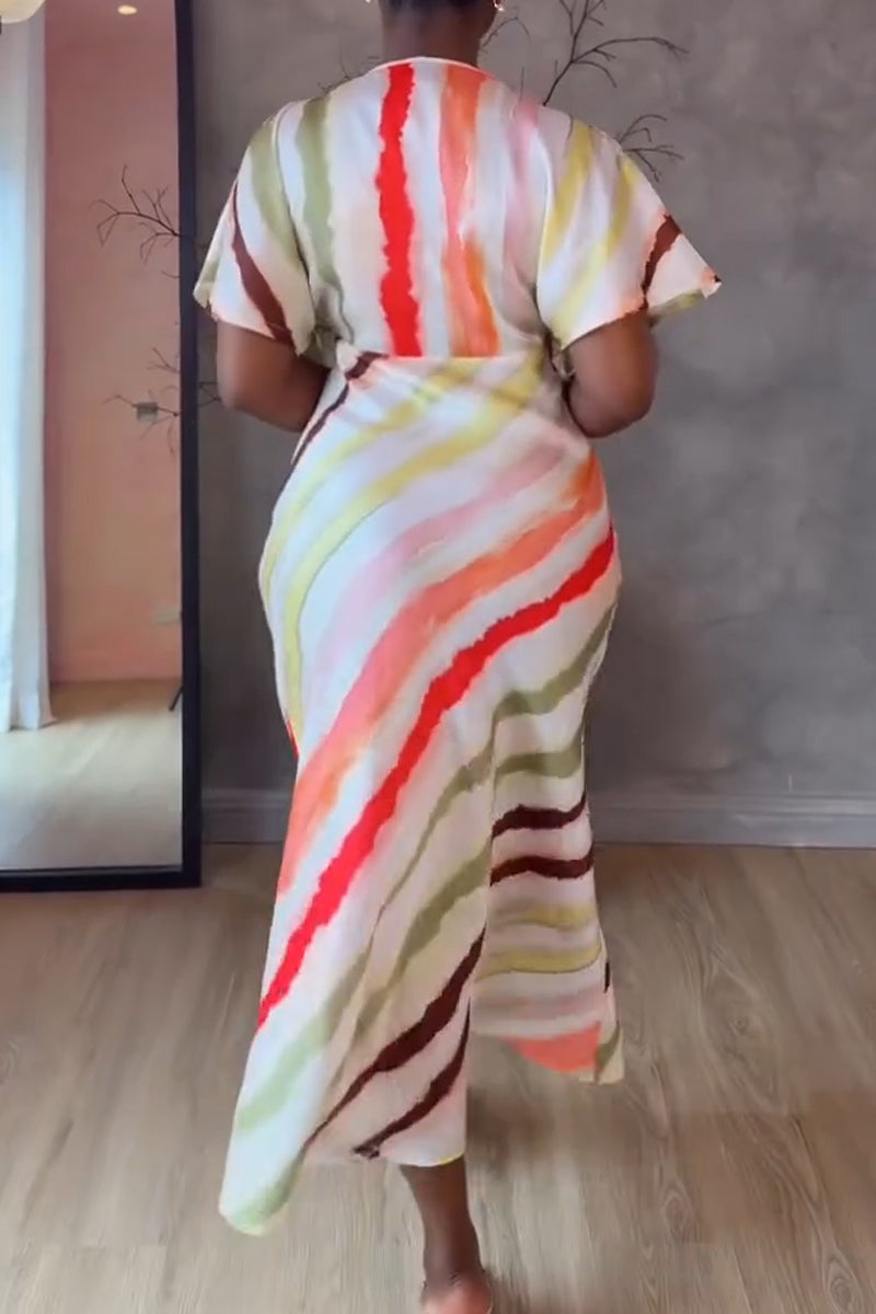 Women's V-neck Waist Cinched Colorful Striped Casual Dress