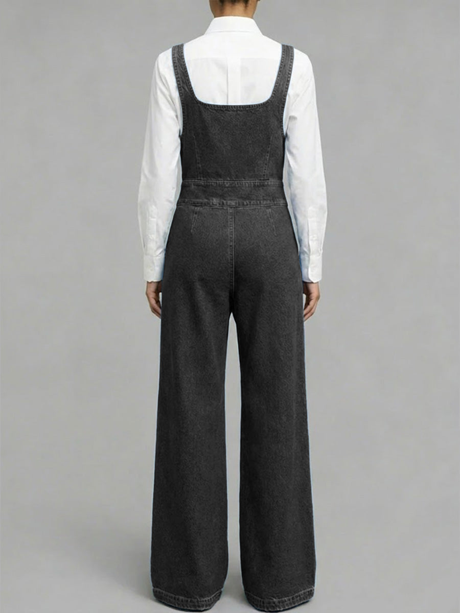 Women's Square-neck Sleeveless Loose-fitting Denim Wide-leg Jumpsuit