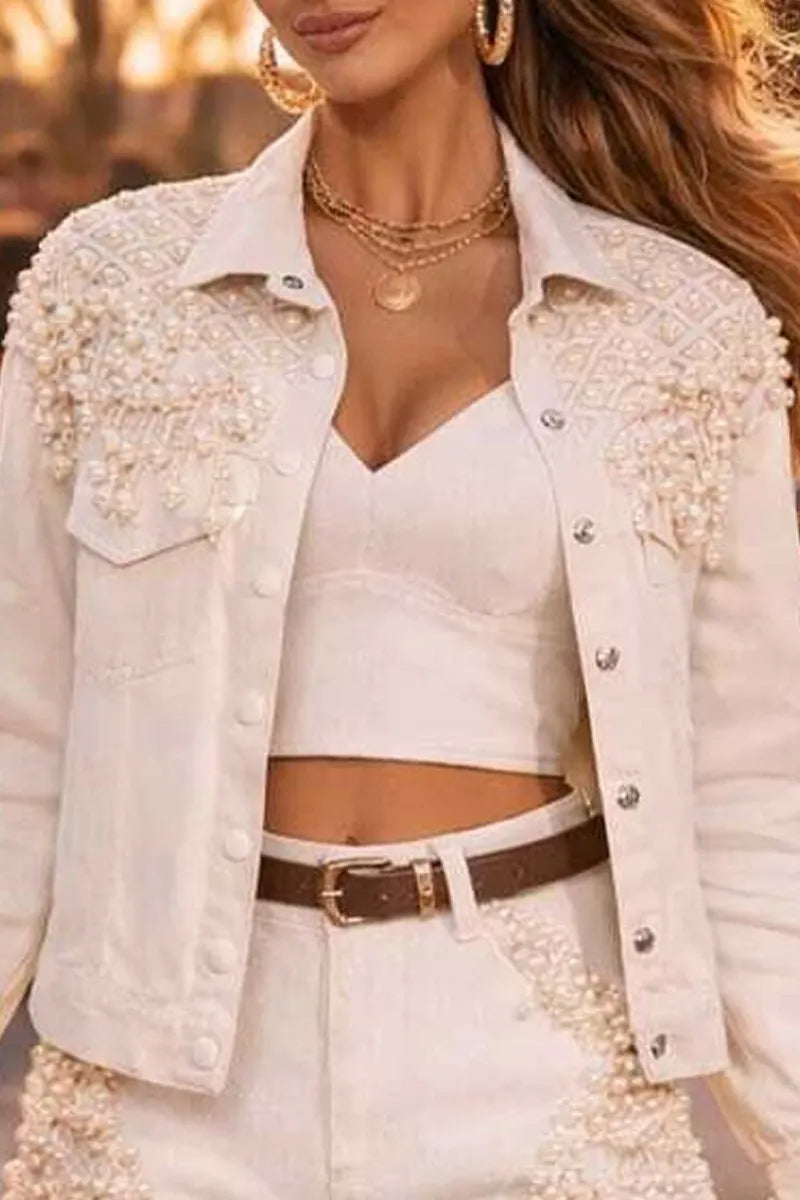 Women Elegant Pearl Tassel Embellished Denim Button Down Jacket Or Raw Frayed Hem Shorts