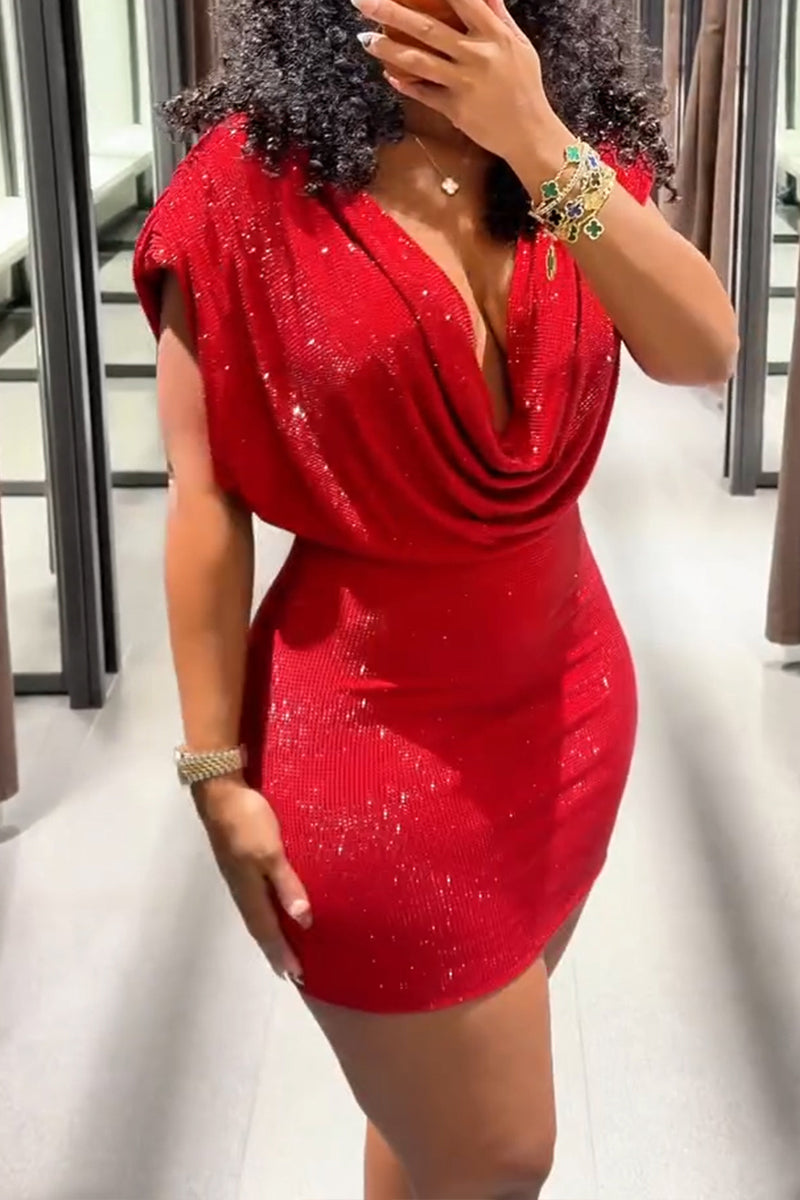 Women's Elegant Drape Neck Shiny Sequins Holiday Slim Mini Dress