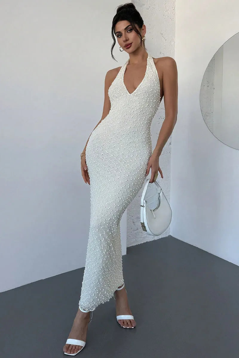 Women French Elegant Halter Neck Bodycon Maxi Dress