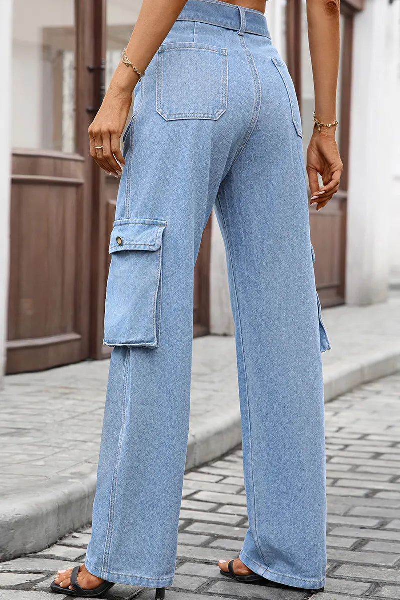 Women's Waistband Multi Pocket Utility Cargo Jeans