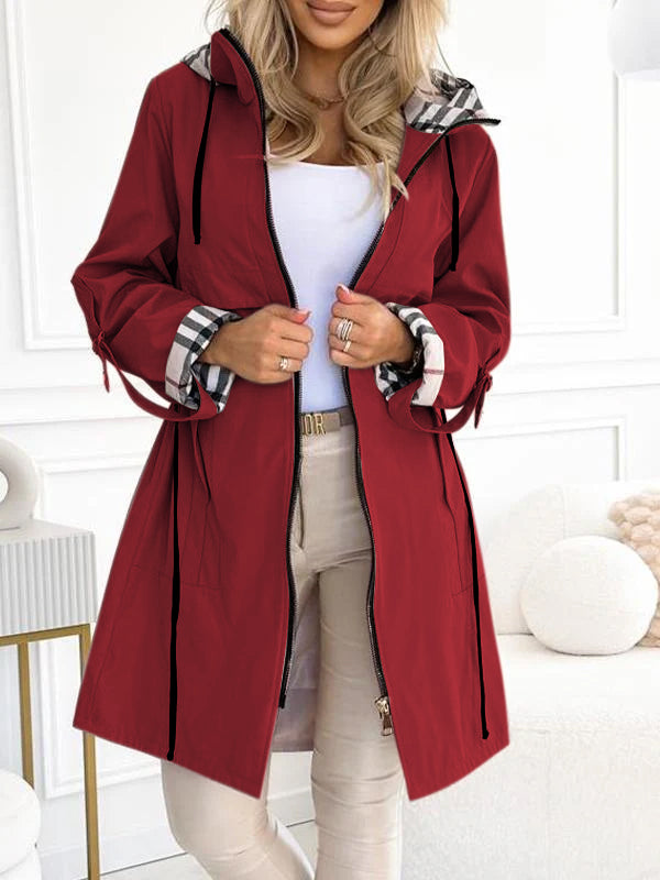 Plaid-Lined Hooded Mid-Length Trench Coat