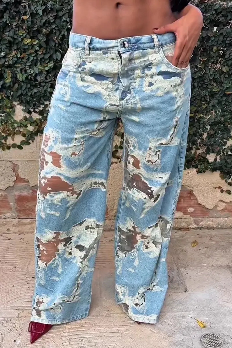 Women's Fashion Craft Sheer Wash Wide Leg Jeans