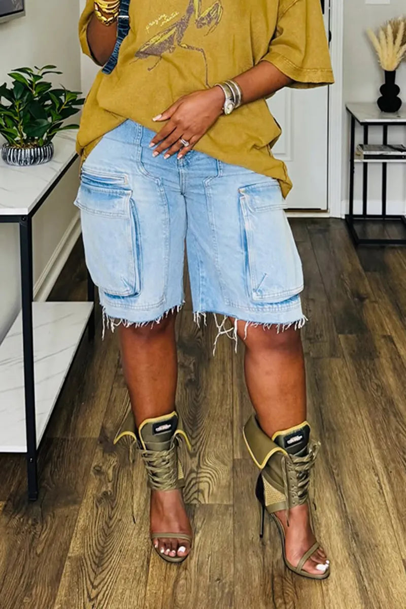 Women's Casual Washed Raw-Hem Cargo Cropped Jean