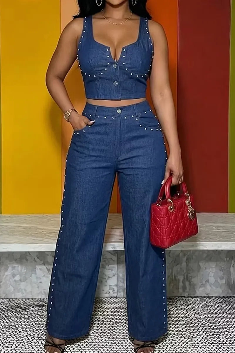 Women's Casual Beaded Short Denim Vest Top Or Beaded Wide Leg Jeans